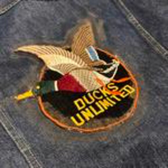 1970s Lee Ducks Unlimited Denim Jacket with Embroidered Patches Yellow Collar Ma - Picture 7 of 8